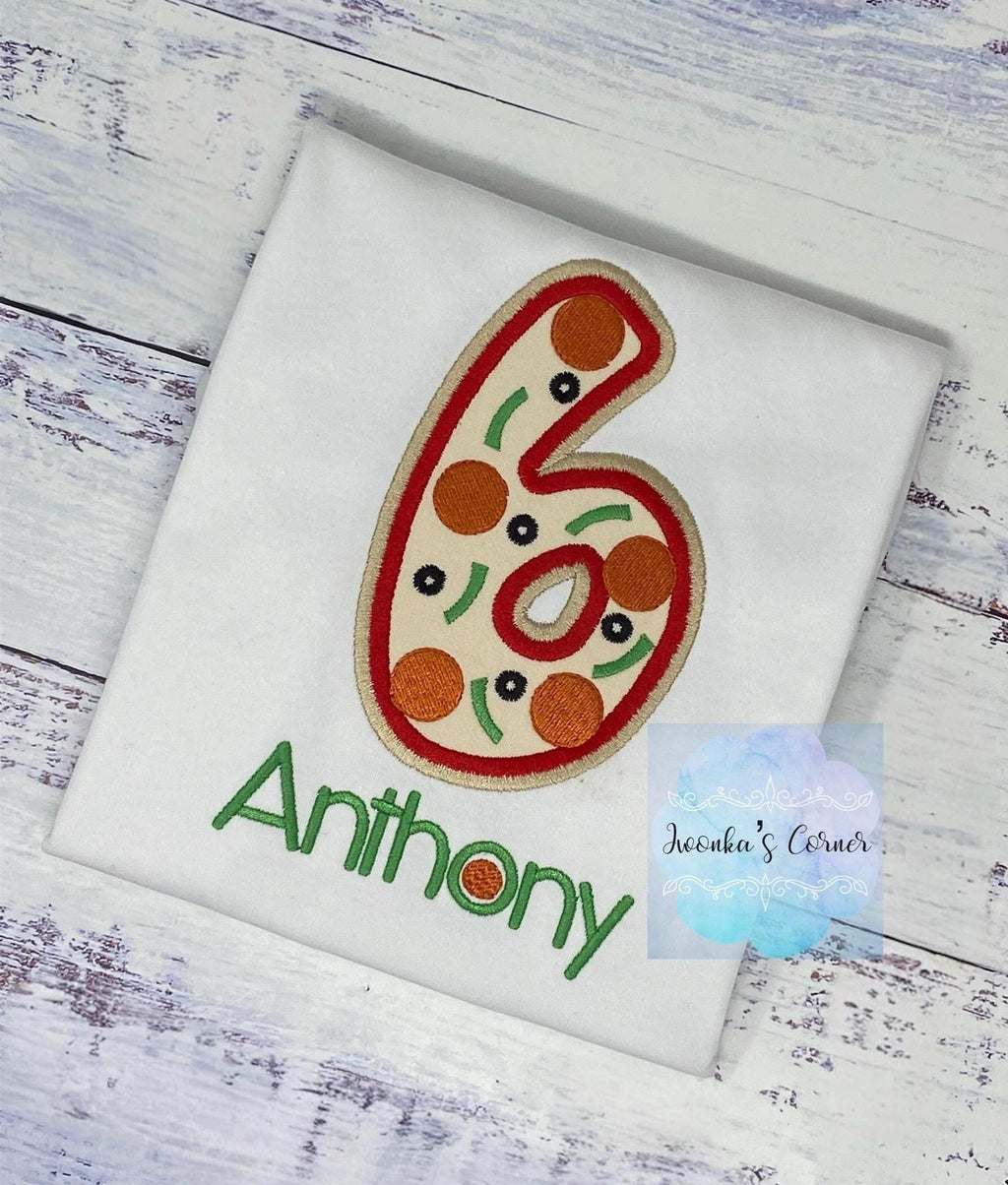 Boy 6th birthday pizza themed party, Pepperoni pizza tee, Custom embroidery shirt for a boy
