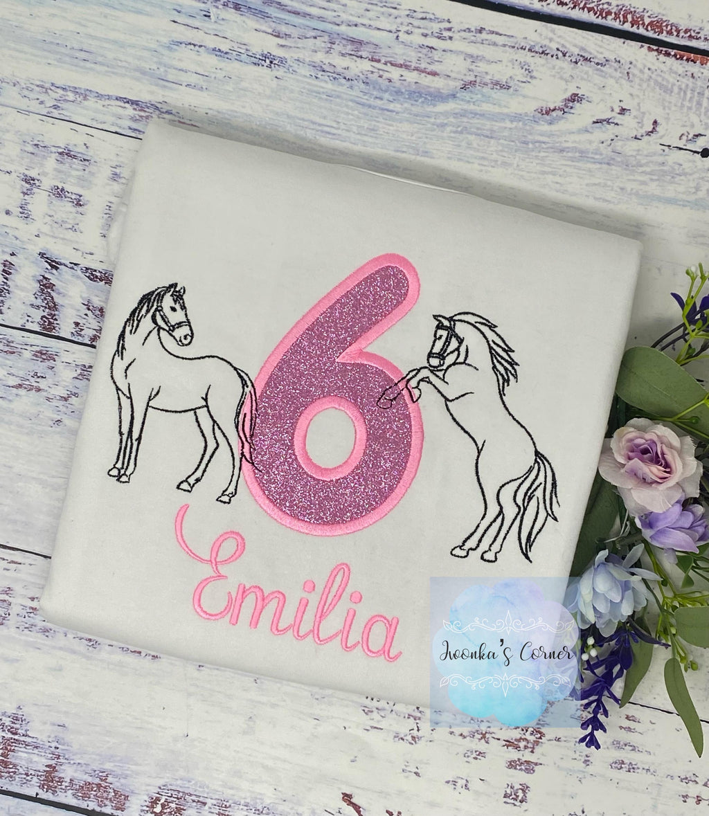 Girl 6th Birthday Shirt With simple horse sketch embroidery, Ponny birthday tee, Personalized tee with Horse