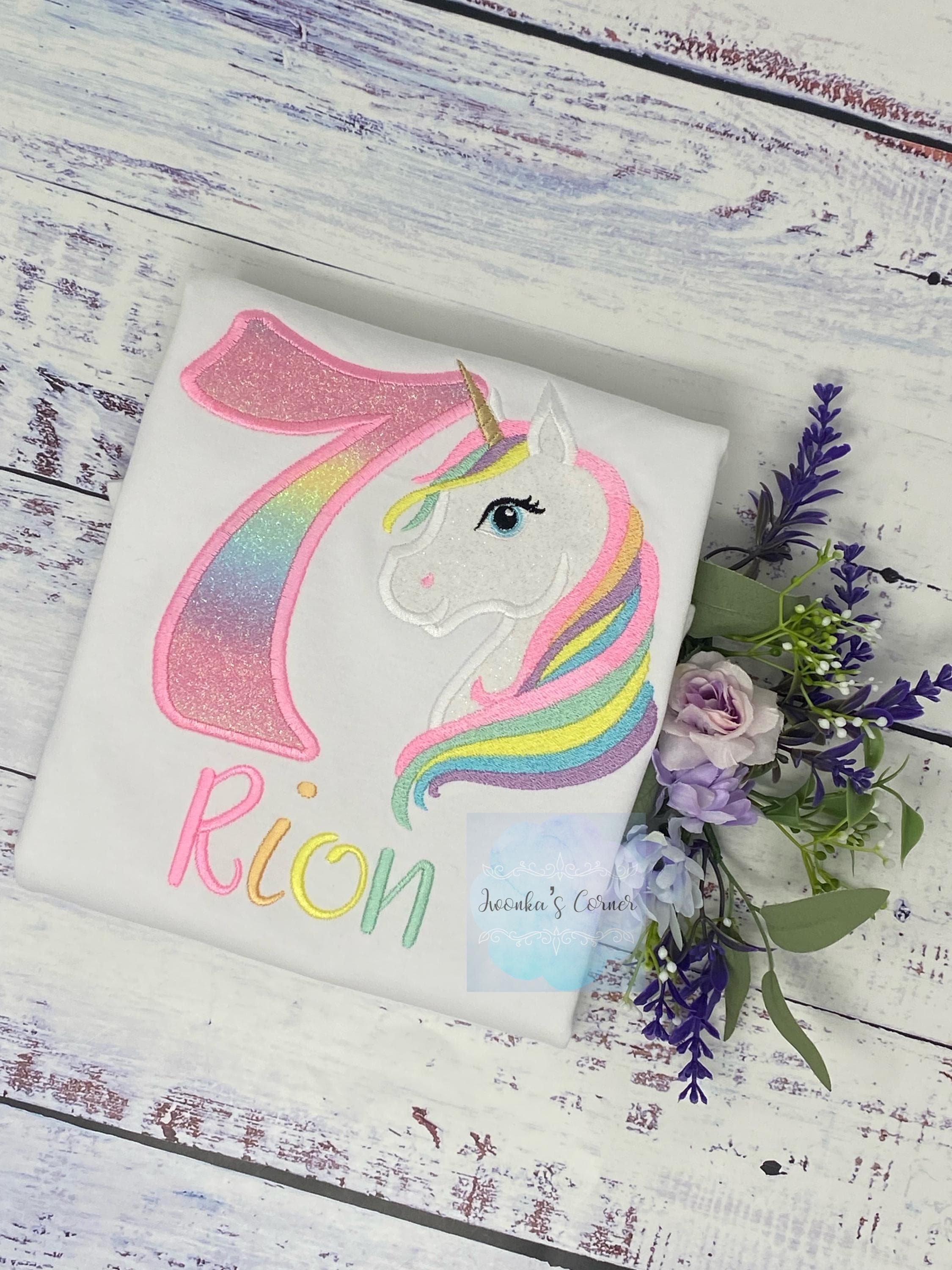 Girl 4th Birthday Pastel Unicorn and number Shirt, Girl Rainbow Pastel Unicorn Birthday, Rainbow Uni outfit, Unicorn embroidery, Any age