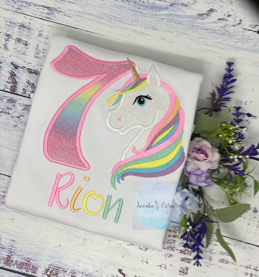 Girl 4th Birthday Pastel Unicorn and number Shirt, Girl Rainbow Pastel Unicorn Birthday, Rainbow Uni outfit, Unicorn embroidery, Any age