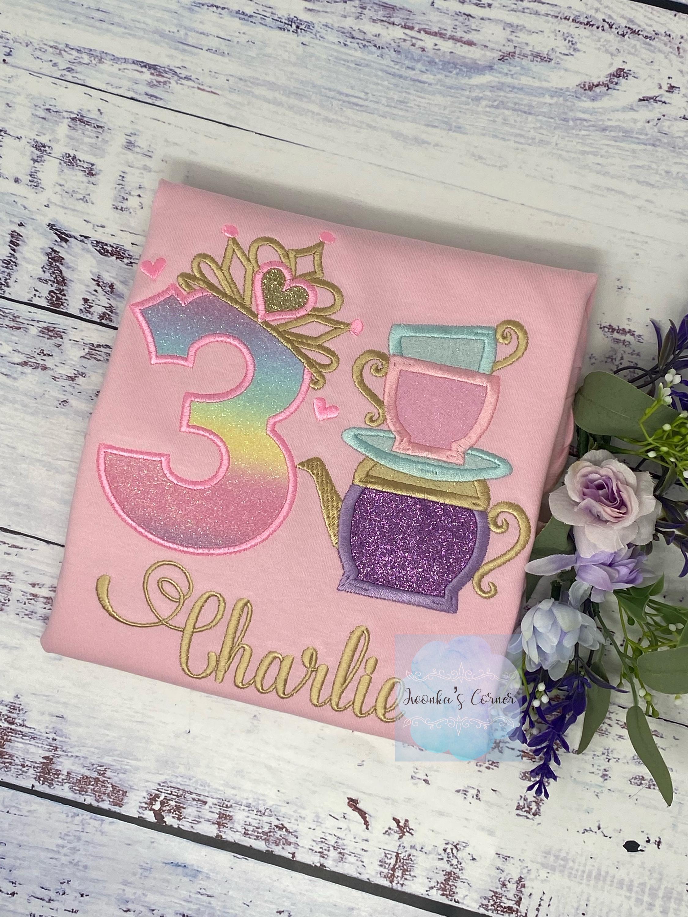 Girl 3rd birthday shirt with princess tiara Number and tea cups, Tea party shirt, 2nd, 5th, 6th birthday outfit for tea party