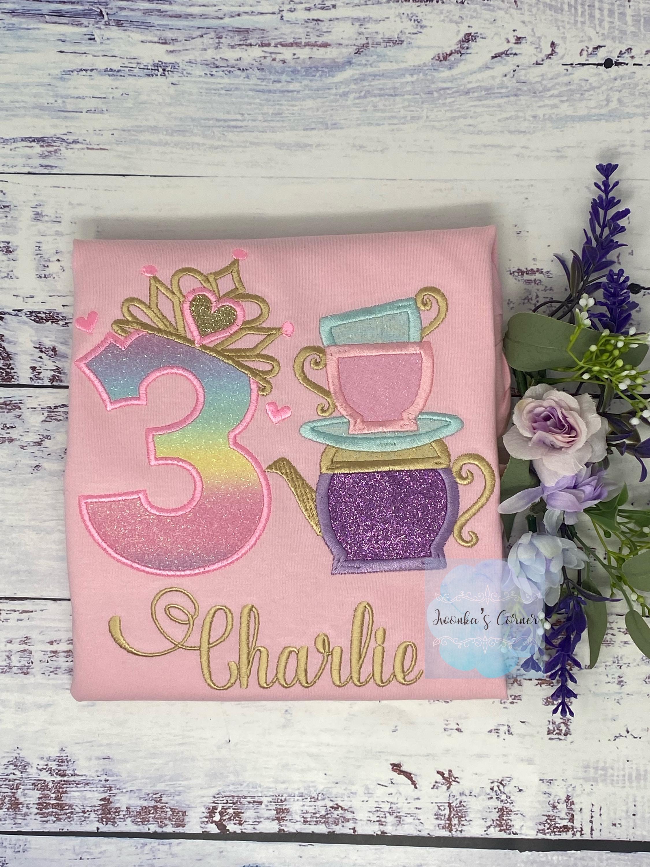 Girl 3rd birthday shirt with princess tiara Number and tea cups, Tea party shirt, 2nd, 5th, 6th birthday outfit for tea party
