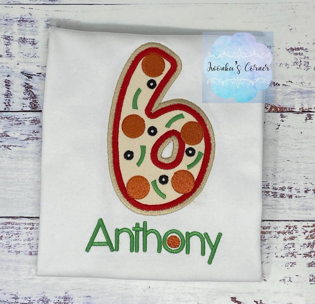Boy 6th birthday pizza themed party, Pepperoni pizza tee, Custom embroidery shirt for a boy