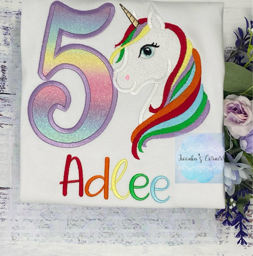 Girl 5th Birthday Unicorn and number Shirt, Girl Rainbow Pastel Unicorn Birthday, Rainbow Uni outfit, Unicorn embroidery, Any age