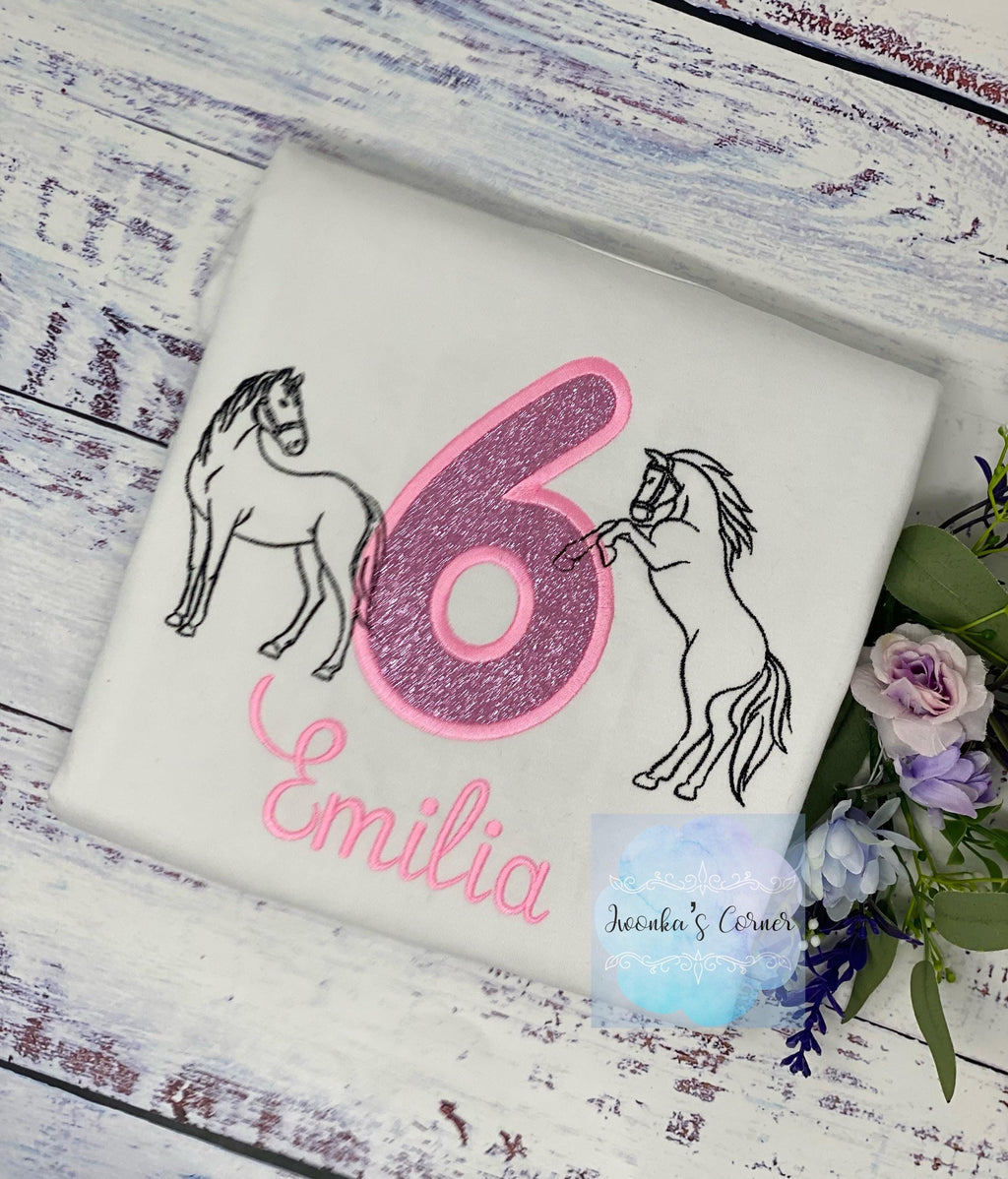 Girl 6th Birthday Shirt With simple horse sketch embroidery, Ponny birthday tee, Personalized tee with Horse