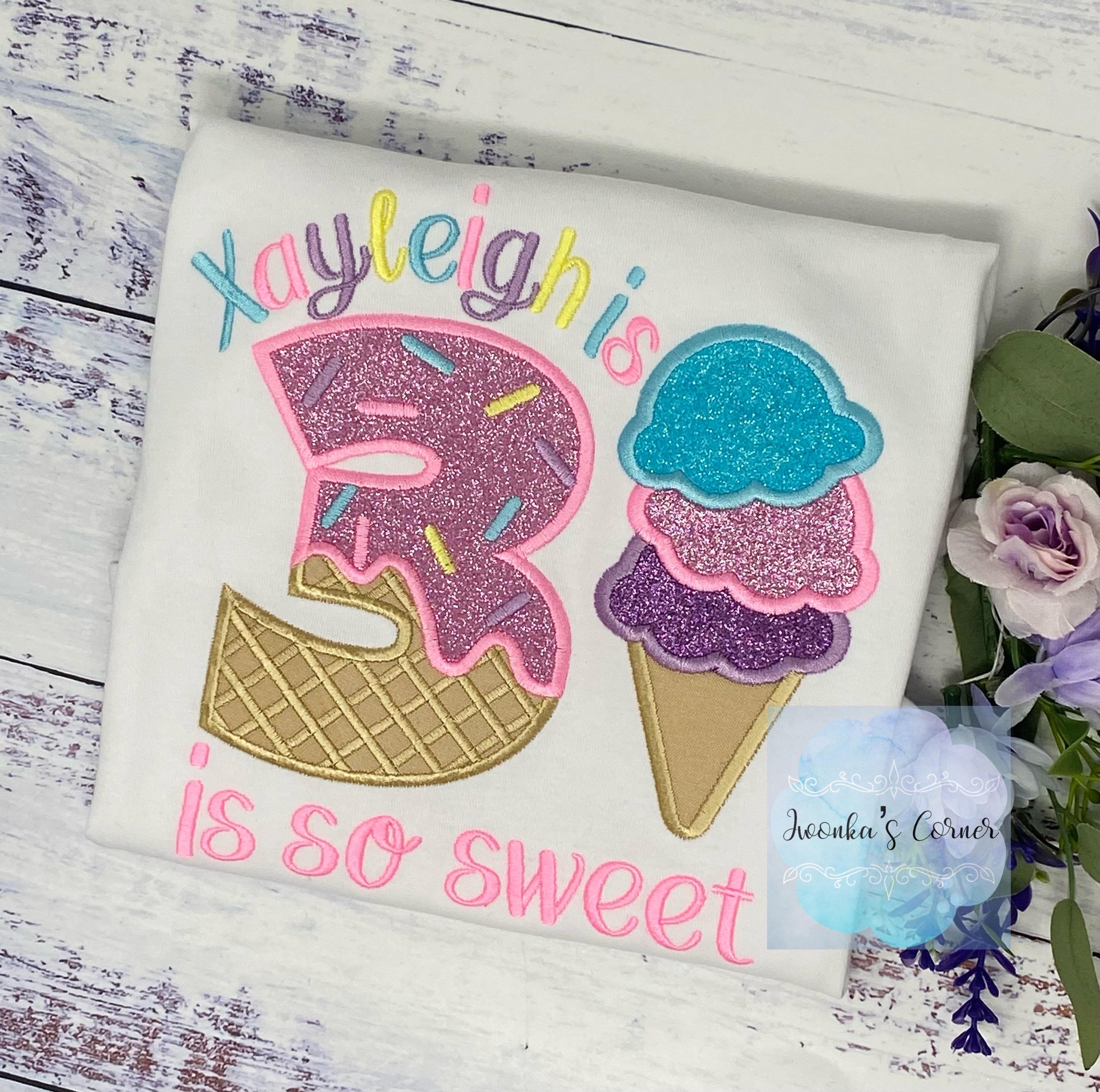 Girl Ice Cream 3rd “Is so sweet” birthday shirt, Sweet Ice Cream cone Theme Party, Pastel ice cream scoops sweet birthday tee