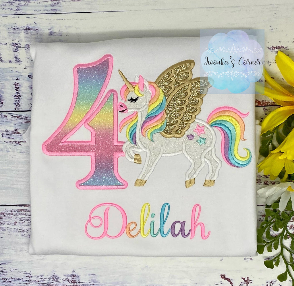 Girl 4th Birthday Pastel Unicorn with Wings, Girl Rainbow Unicorn Birthday, Rainbow Gold wings Uni tee, Pegasus, Any Agee.