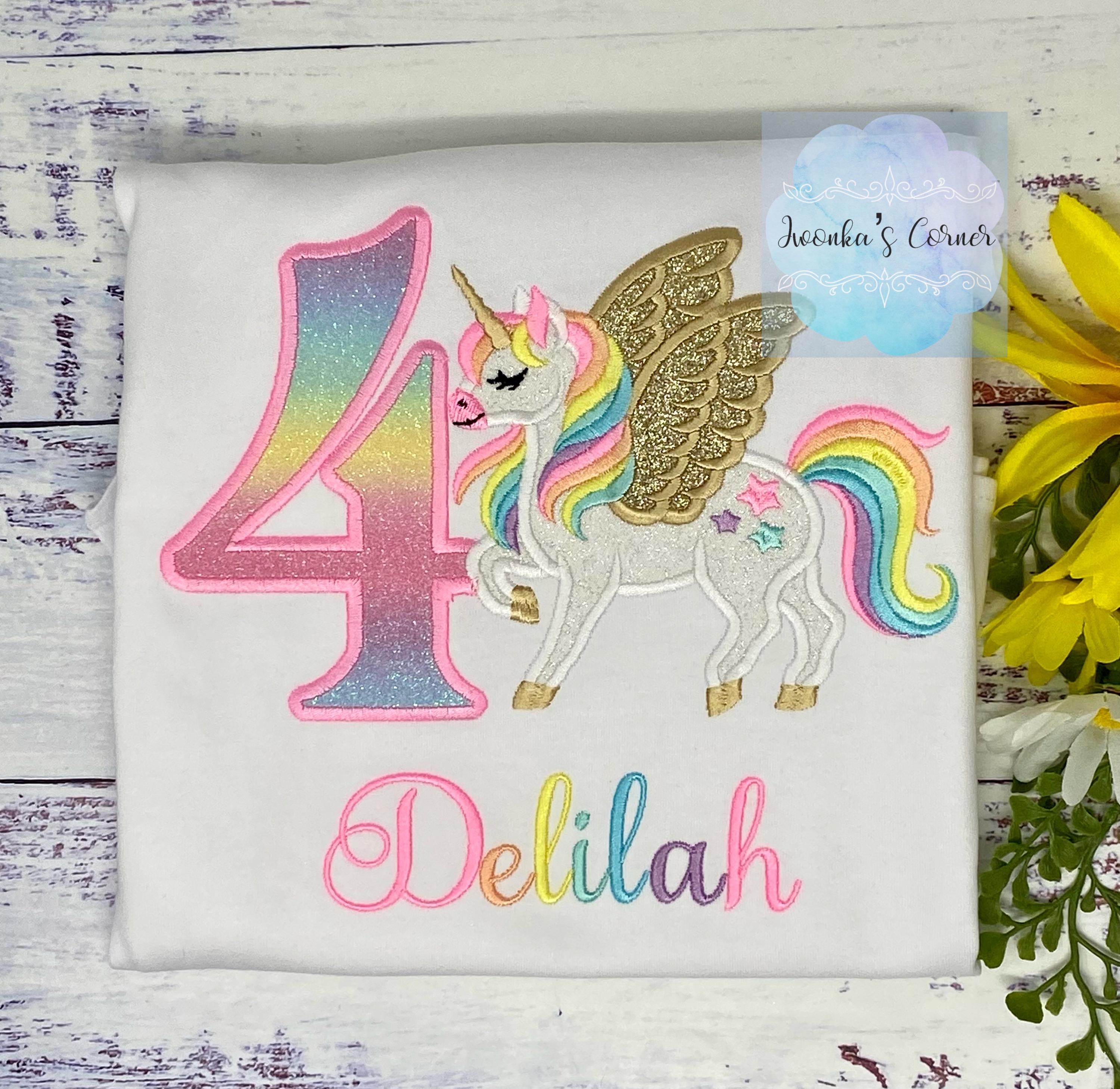Girl 4th Birthday Pastel Unicorn with Wings, Girl Rainbow Unicorn Birthday, Rainbow Gold wings Uni tee, Pegasus, Any Agee.