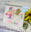 Girl 4th Birthday Pastel Unicorn with Wings, Girl Rainbow Unicorn Birthday, Rainbow Gold wings Uni tee, Pegasus, Any Agee.