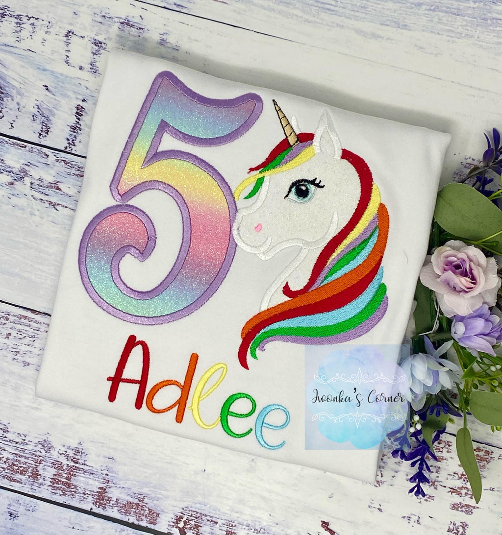 Girl 4th Birthday Pastel Unicorn and number Shirt, Girl Rainbow Pastel Unicorn Birthday, Rainbow Uni outfit, Unicorn embroidery, Any age