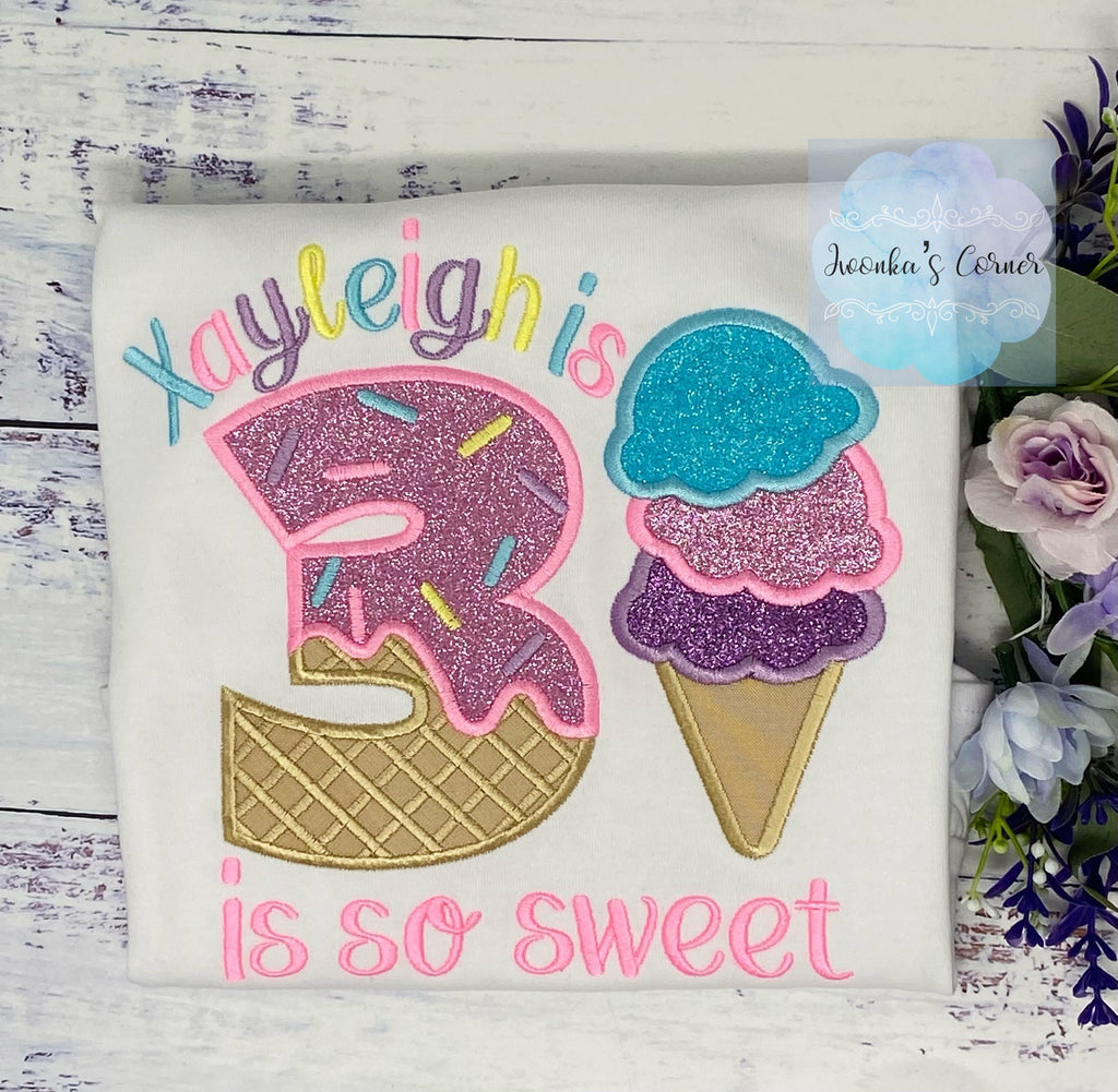 Girl Ice Cream 3rd “Is so sweet” birthday shirt, Sweet Ice Cream cone Theme Party, Pastel ice cream scoops sweet birthday tee