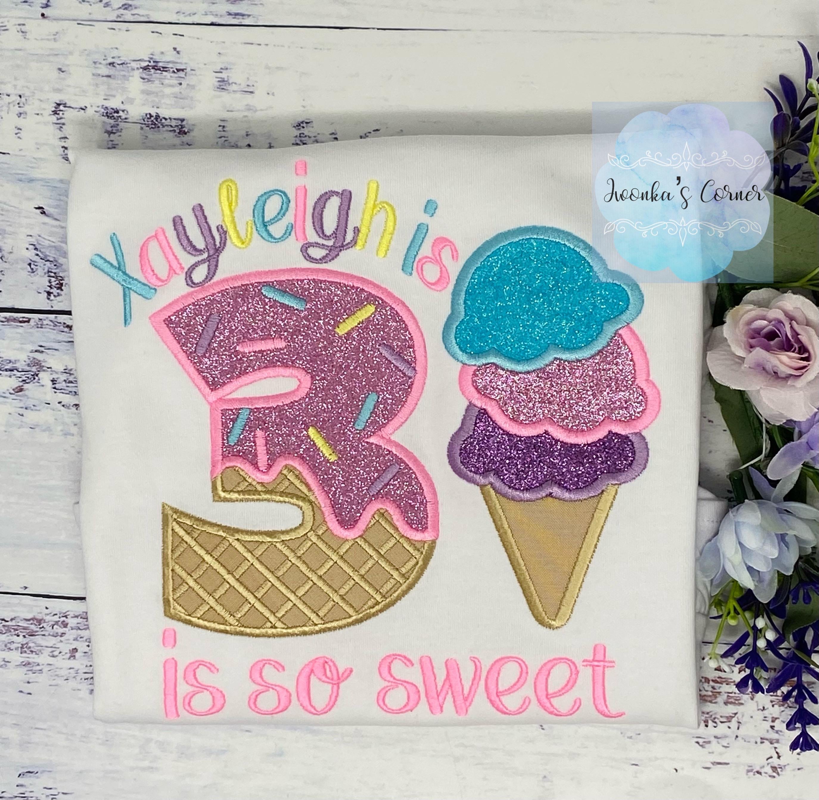 Girl Ice Cream 3rd “Is so sweet” birthday shirt, Sweet Ice Cream cone Theme Party, Pastel ice cream scoops sweet birthday tee