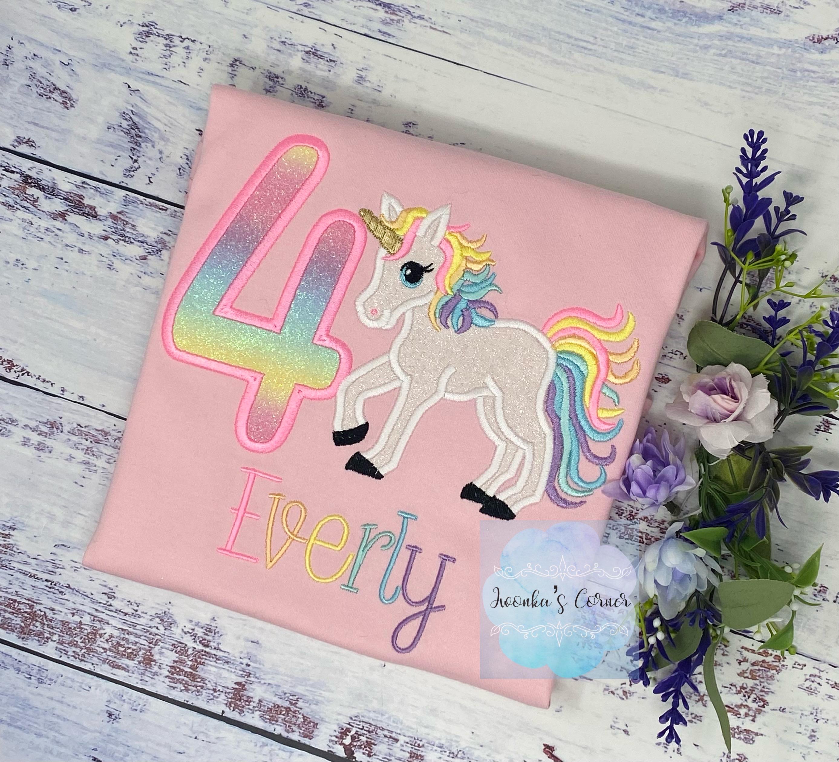 4th Birthday Pastel Unicorn Shirt, Girl Rainbow Unicorn Birthday Outfit, Rainbow Unicorn outfit, Unicorn embroidery, Any age
