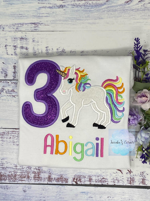 3rd Birthday Unicorn Shirt, Girl Rainbow Unicorn Birthday Outfit, Rainbow Unicorn outfit, Purple Number unicorn, Unicorn embroidery,