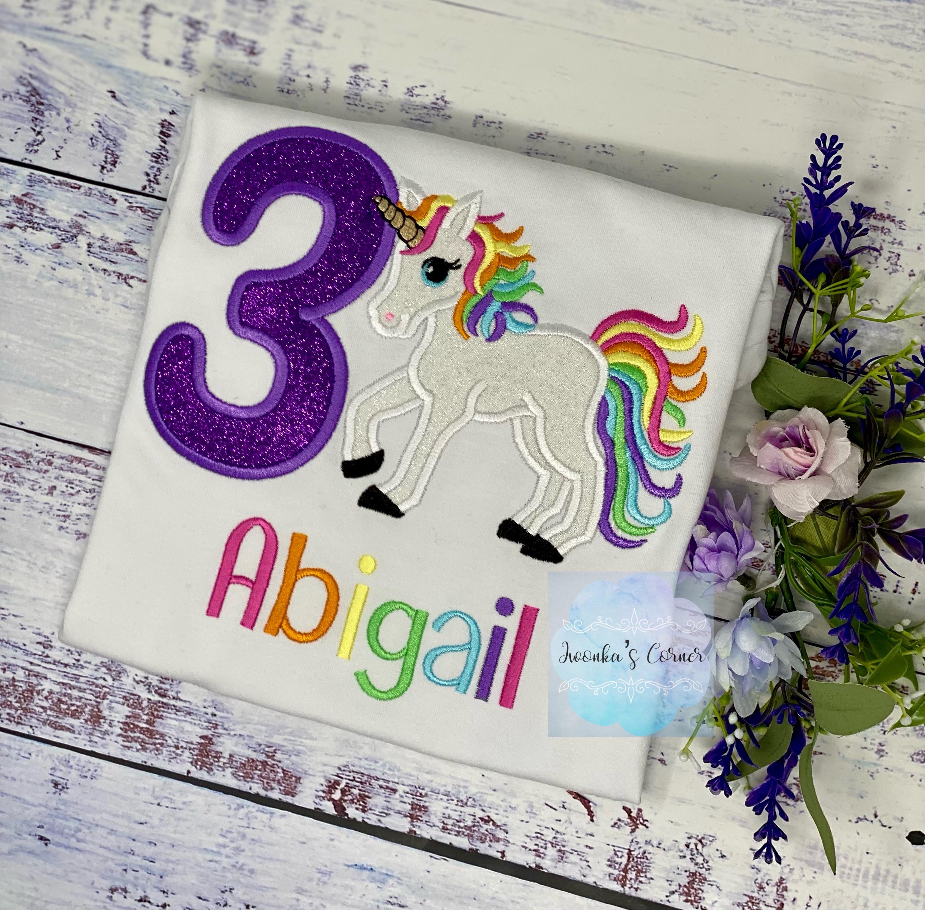 3rd Birthday Unicorn Shirt, Girl Rainbow Unicorn Birthday Outfit, Rainbow Unicorn outfit, Purple Number unicorn, Unicorn embroidery,