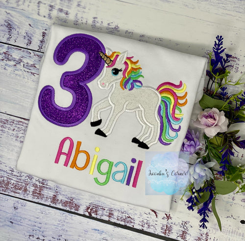 3rd Birthday Unicorn Shirt, Girl Rainbow Unicorn Birthday Outfit, Rainbow Unicorn outfit, Purple Number unicorn, Unicorn embroidery,