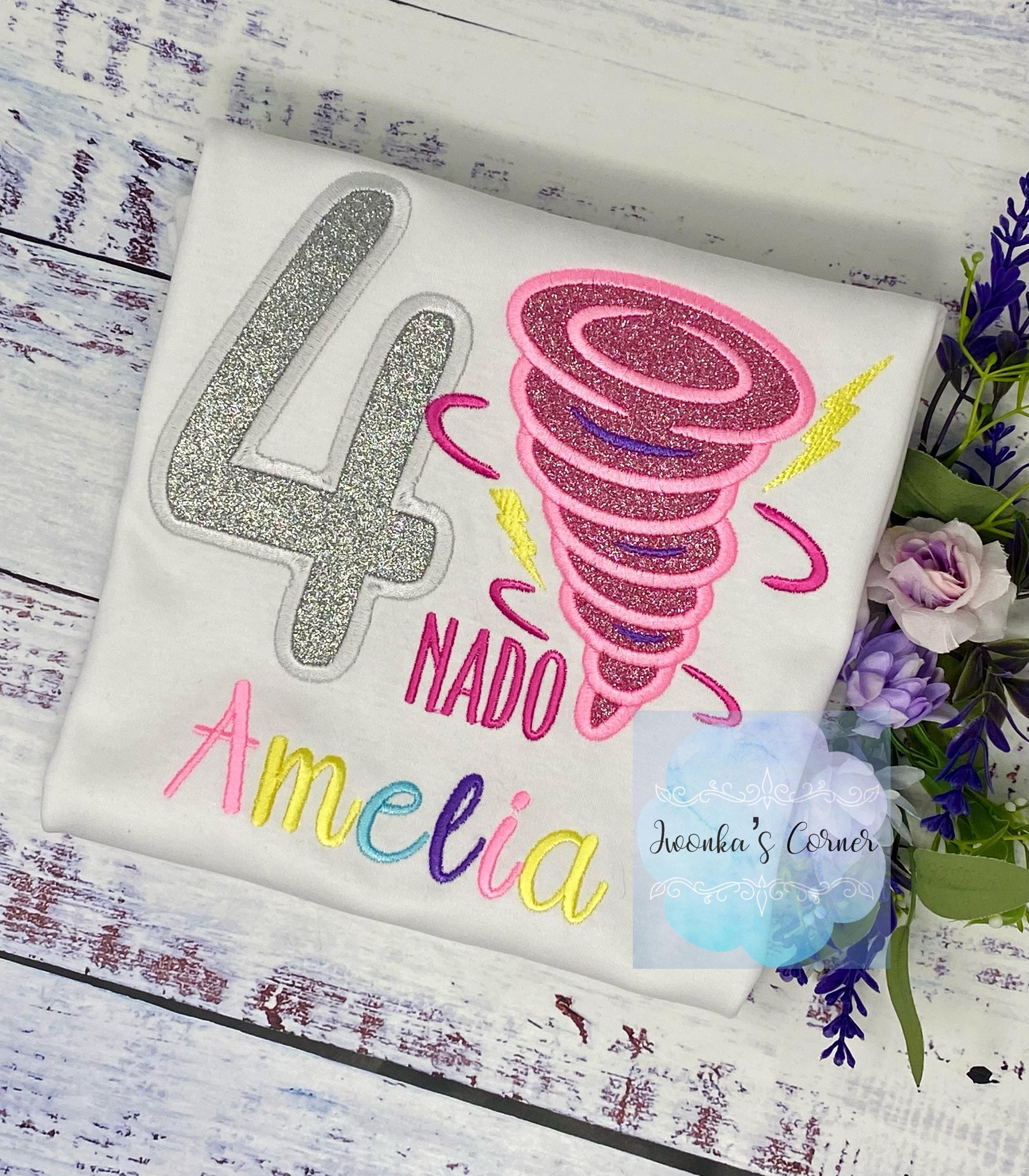 Girl 4th Birthday Tornado, Lightning And number Shirt, Birthday, Twister embroidery, Any age