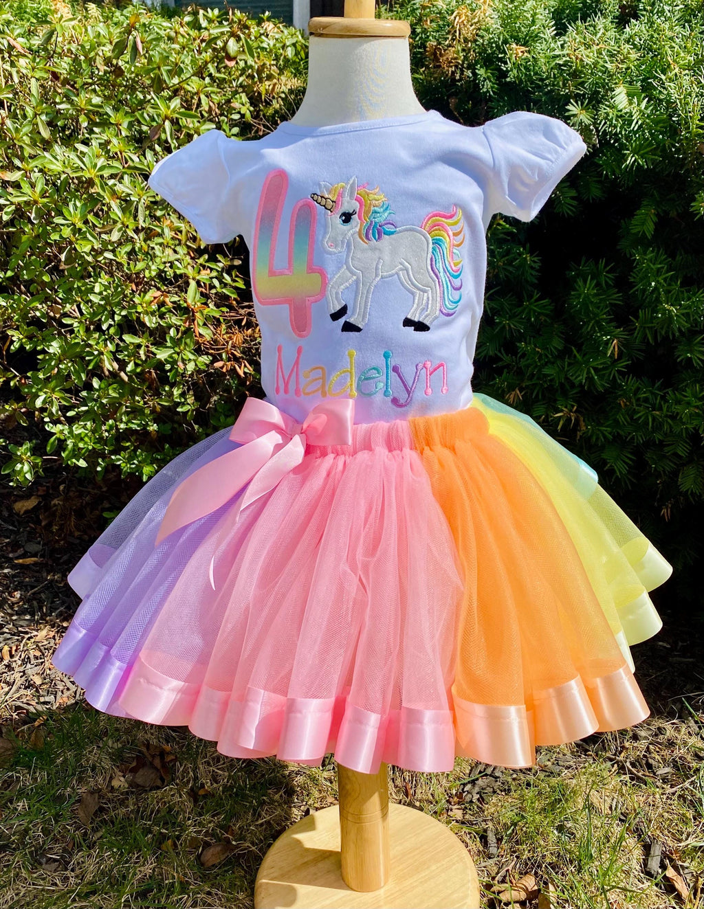 Girl 4th Birthday Pastel Unicorn, Girl Rainbow Tulle Dress Tutu, Pastel Uni tutu set, Rainbow Ribbon Trim, Ages 1-6, Fast shipping 5 days