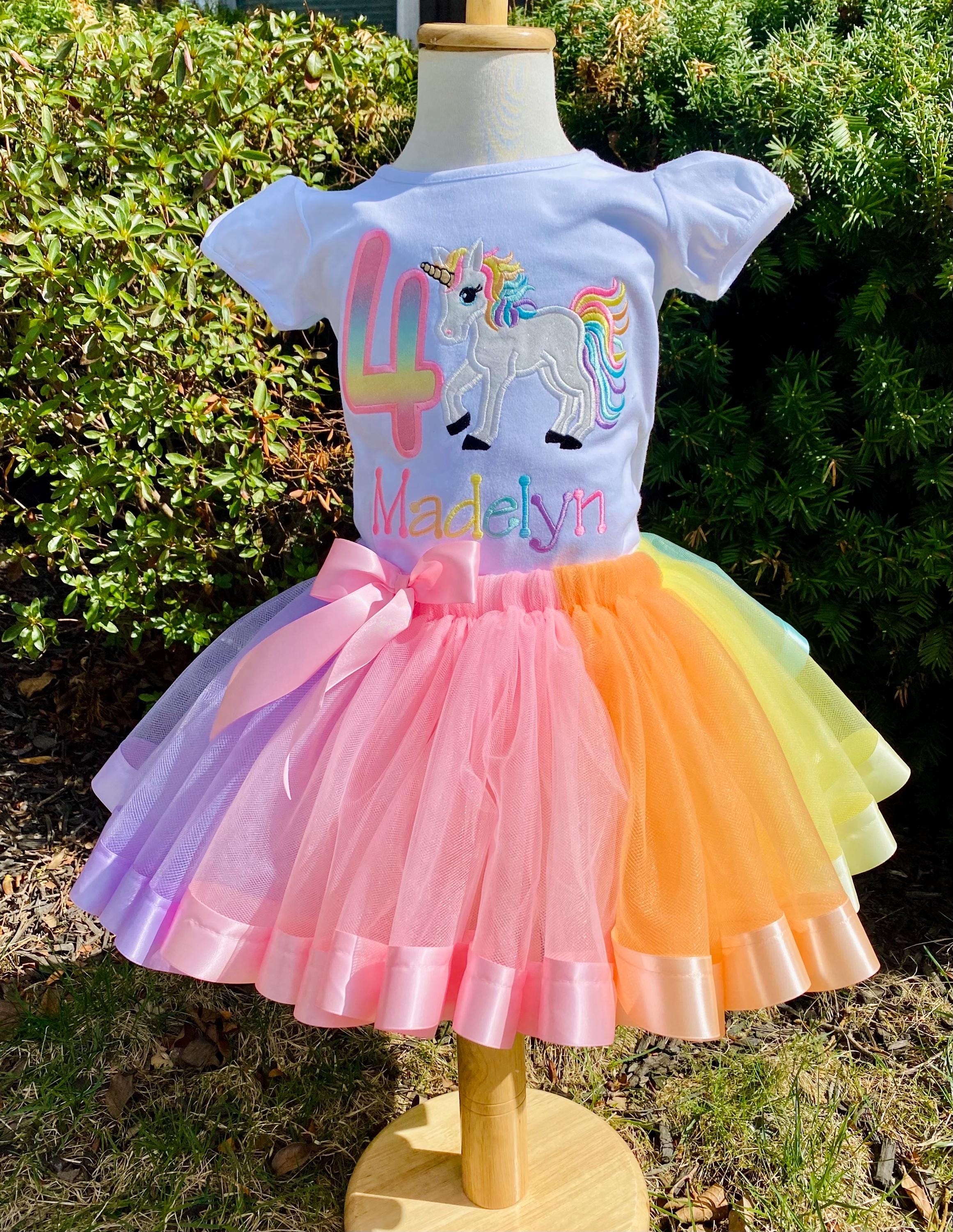 Girl 4th Birthday Pastel Unicorn, Girl Rainbow Tulle Dress Tutu, Pastel Uni tutu set, Rainbow Ribbon Trim, Ages 1-6, Fast shipping 5 days