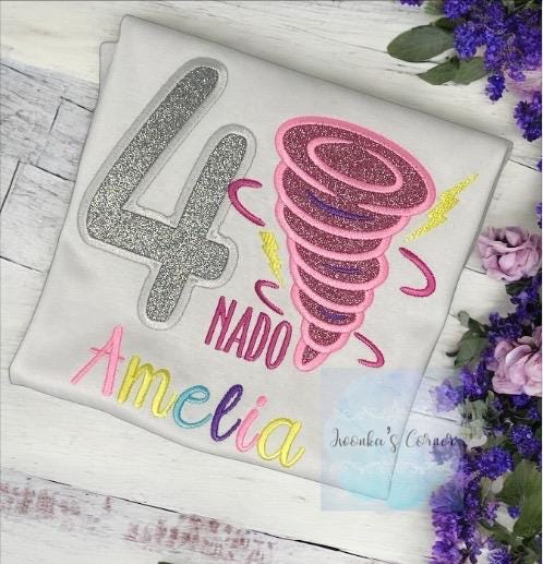 Girl 4th Birthday tornado, twister Shirt, Tornado, lightning tee,