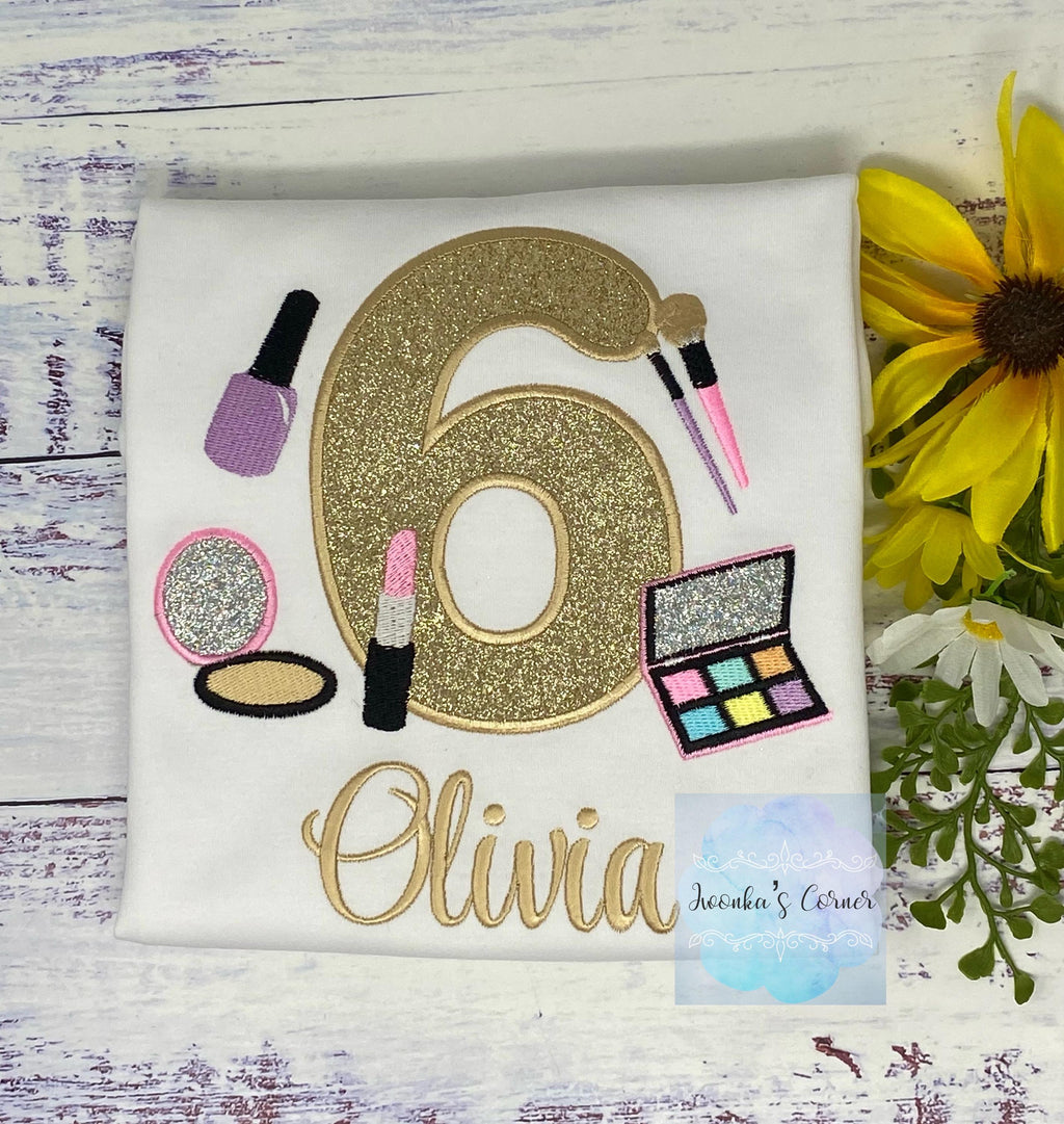 Girl 6th Birthday Shirt with Make up, Salon, Spa Birthday Shirt, Number cosmetics, Lipstick Powder Brush, Nail Polish,