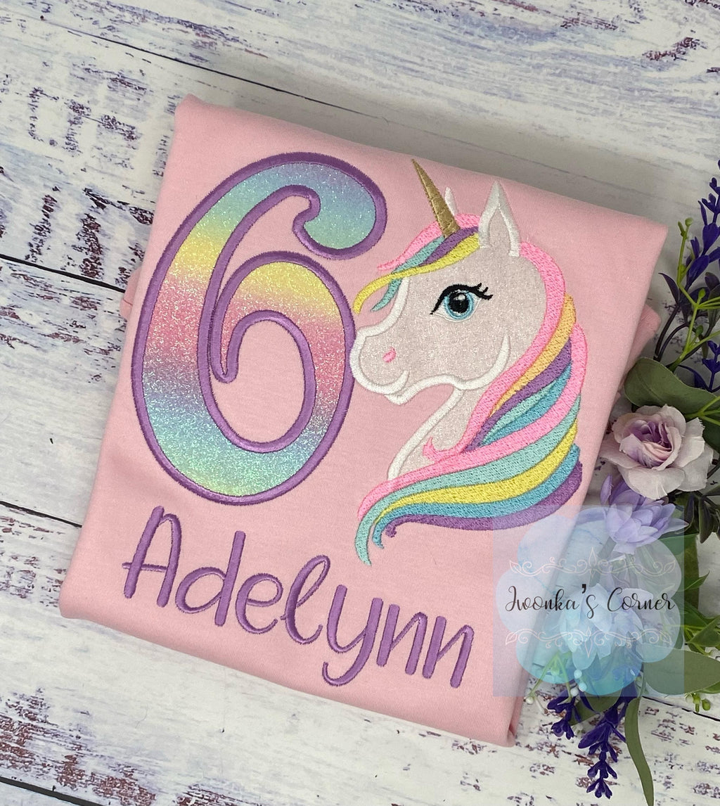 6th Birthday Pastel Unicorn Shirt, Girl Rainbow Pastel Unicorn Birthday Outfit, Purple Unicorn outfit, Unicorn embroidery, all ages