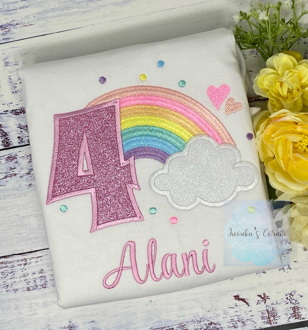 Girl 4th Birthday Cute Rainbow Theme Embroidery shirt, Custom Rainbow Shirt for a Toddler, Pastel Rainbow Cloud Party Tee