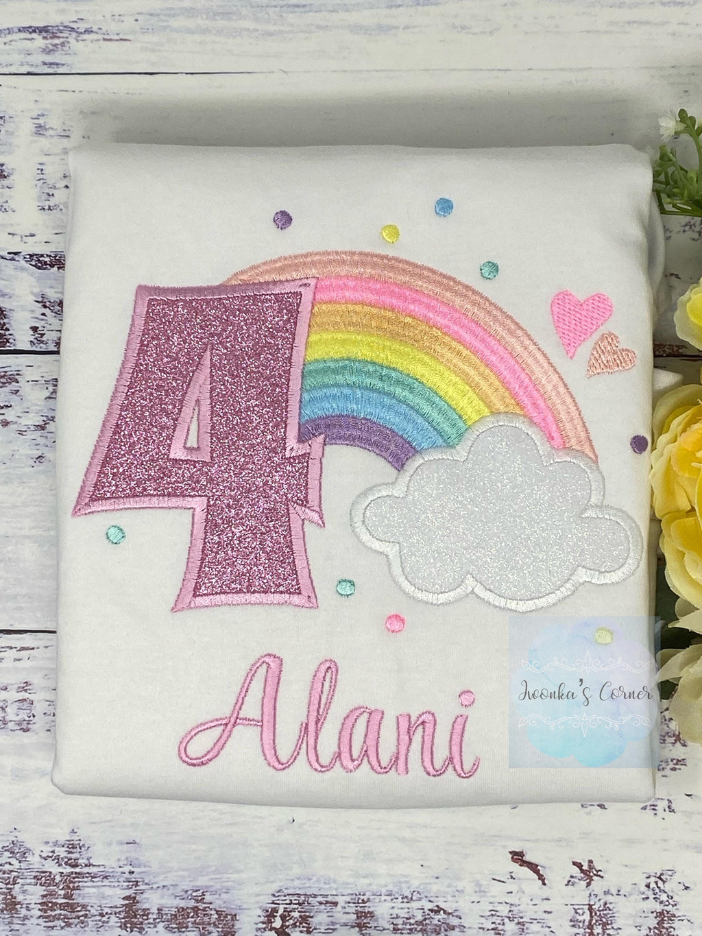 Girl 4th Birthday Cute Rainbow Theme Embroidery shirt, Custom Rainbow Shirt for a Toddler, Pastel Rainbow Cloud Party Tee