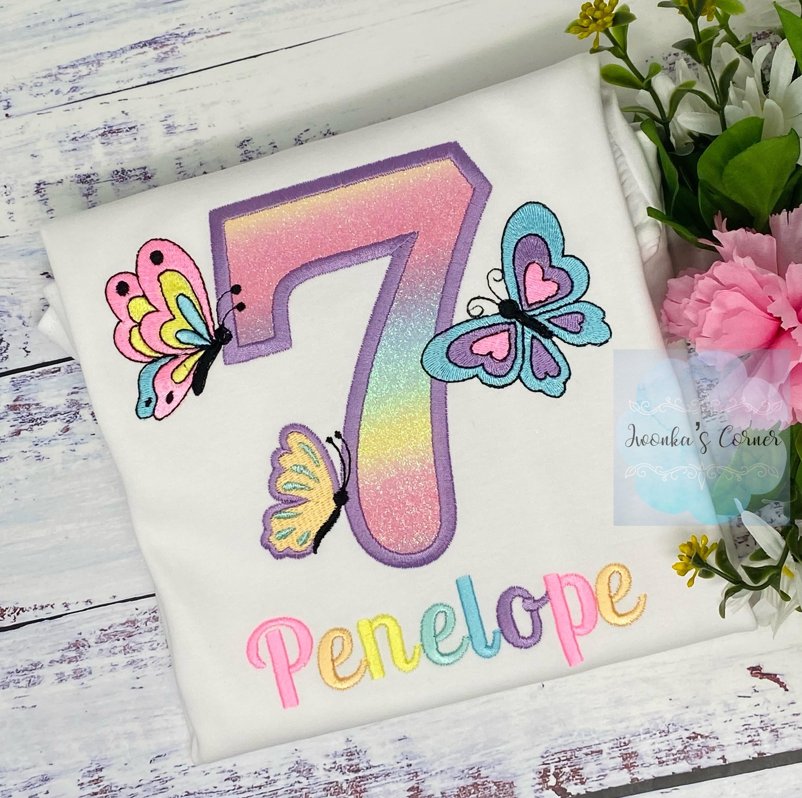 Girl embroidered shirt with pastel butterflies, Butterfly birthday theme party, 7th birthday colorful monarch butterfly embroidery, Neon