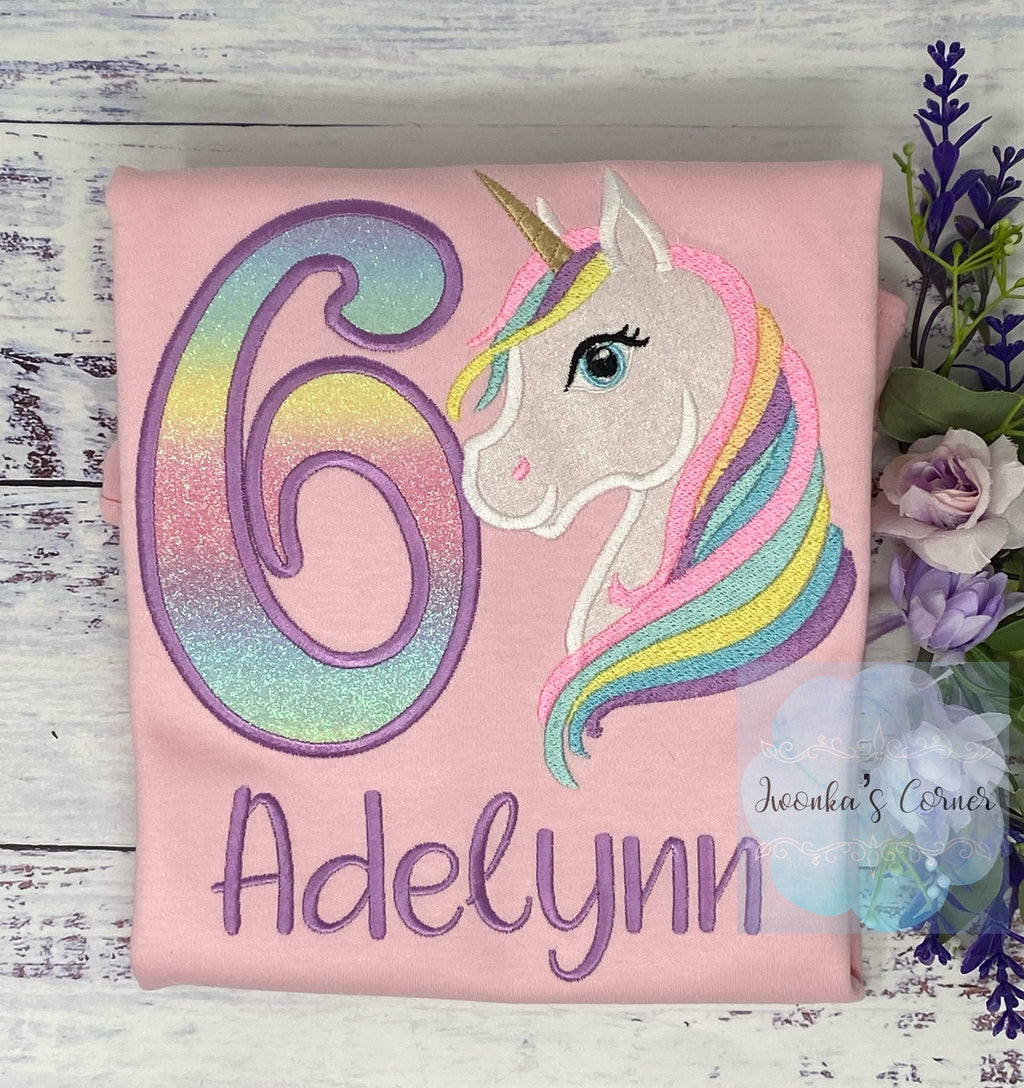 6th Birthday Pastel Unicorn Shirt, Girl Rainbow Pastel Unicorn Birthday Outfit, Purple Unicorn outfit, Unicorn embroidery, all ages