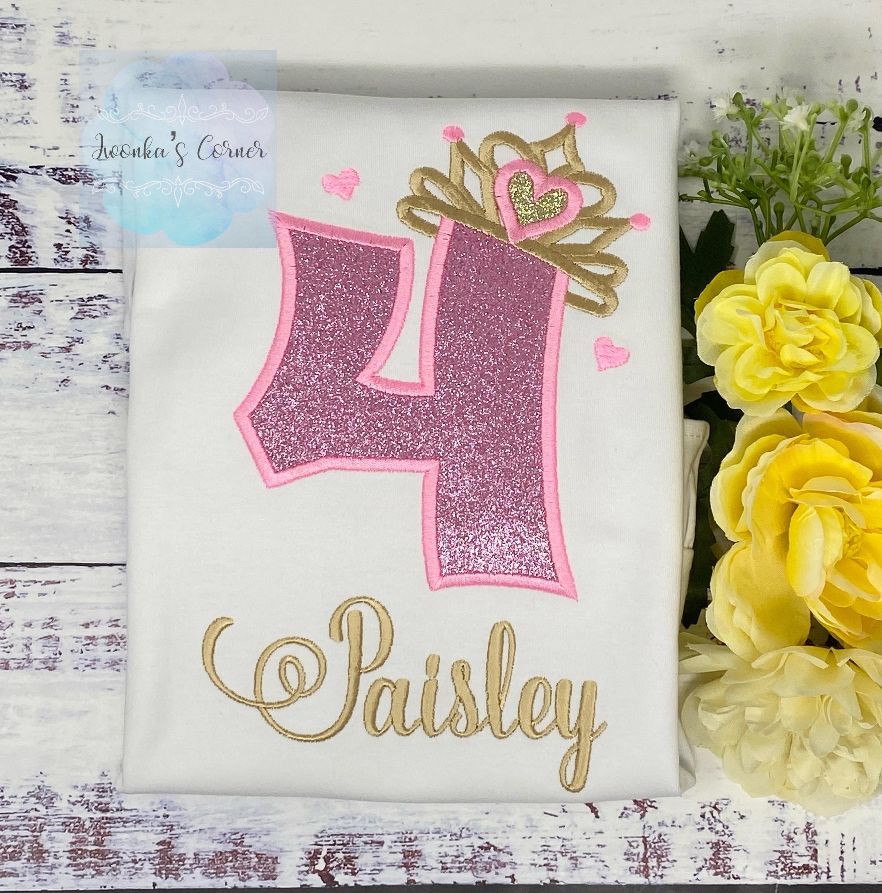 Girl 4th birthday shirt with princess tiara number, Rainbow, Pink Number Princesse Tiara Shirt, Any Age birthday outfit,