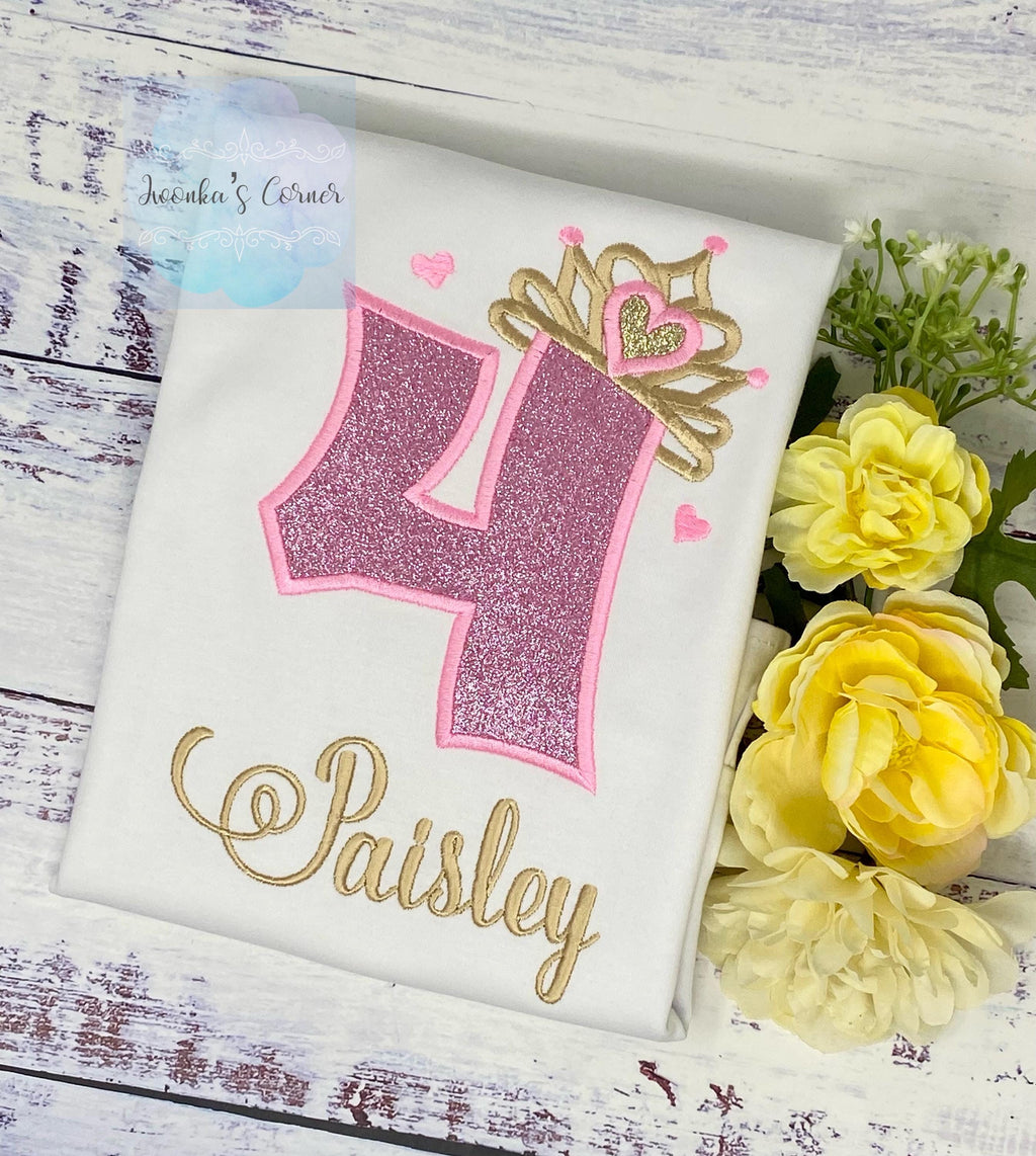 Girl 4th birthday shirt with princess tiara number, Rainbow, Pink Number Princesse Tiara Shirt, Any Age birthday outfit,