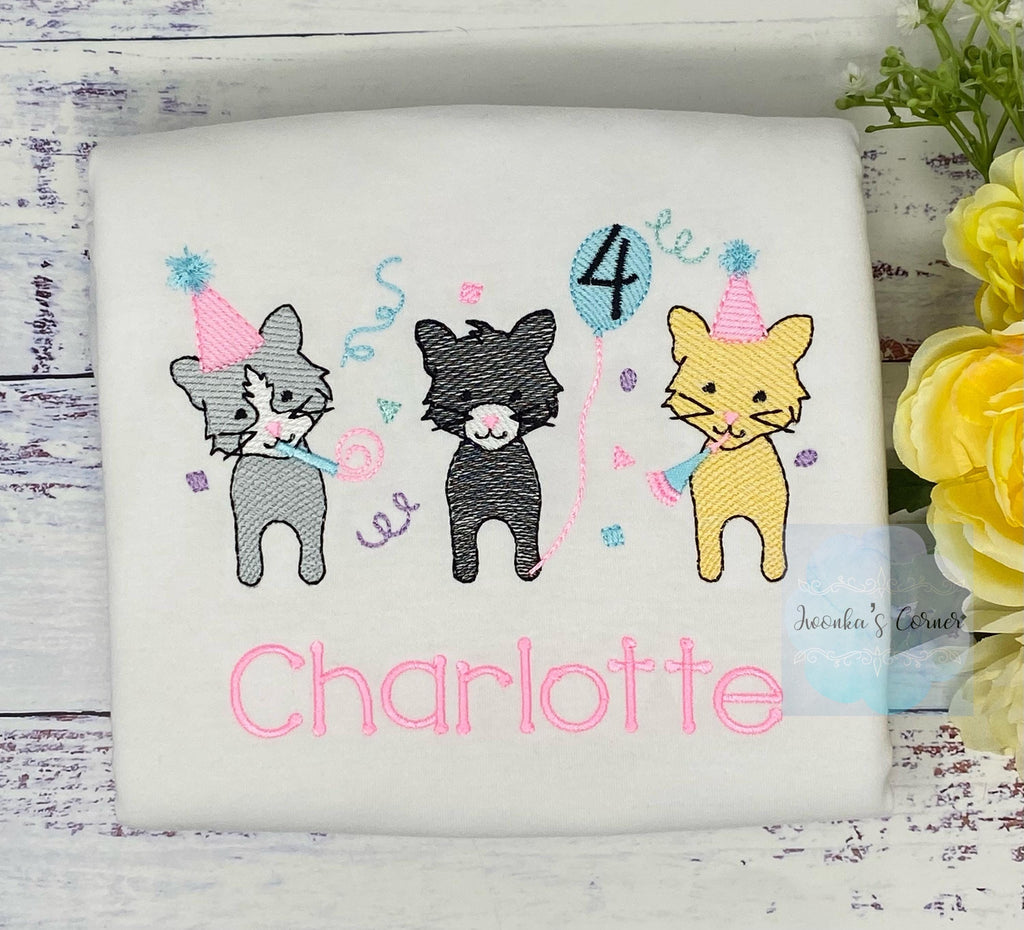 Girl 4th Birthday Kitten Theme Embroidery shirt, Cusyom Cat Shirt for a Toddler, Kittens Balloon Party Tee