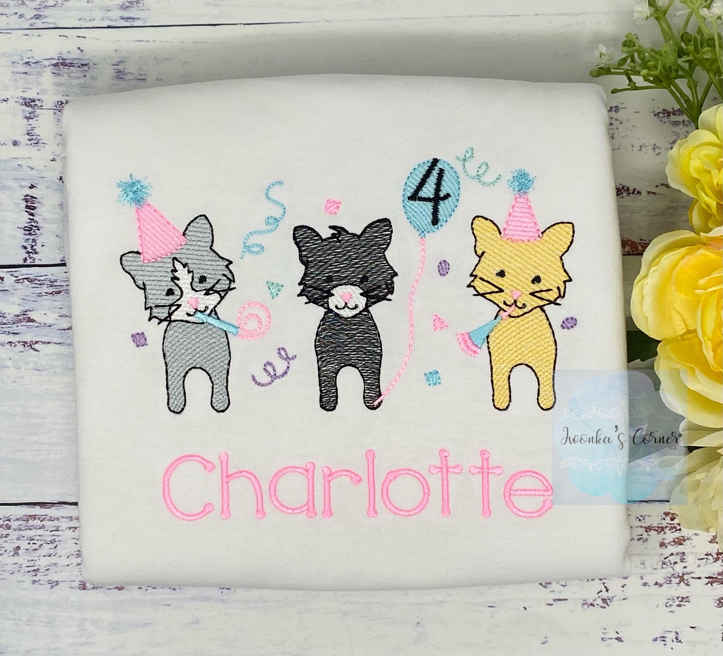 Girl 4th Birthday Kitten Theme Embroidery shirt, Cusyom Cat Shirt for a Toddler, Kittens Balloon Party Tee