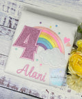 Girl 4th Birthday Cute Rainbow Theme Embroidery shirt, Custom Rainbow Shirt for a Toddler, Pastel Rainbow Cloud Party Tee