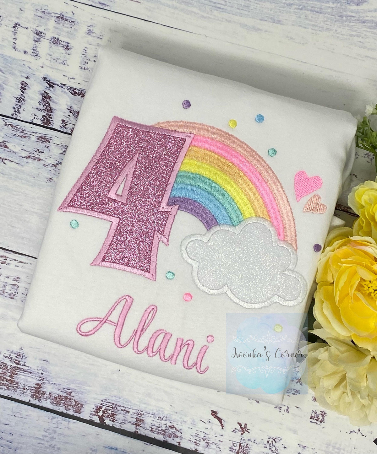 Girl 4th Birthday Cute Rainbow Theme Embroidery shirt, Custom Rainbow Shirt for a Toddler, Pastel Rainbow Cloud Party Tee