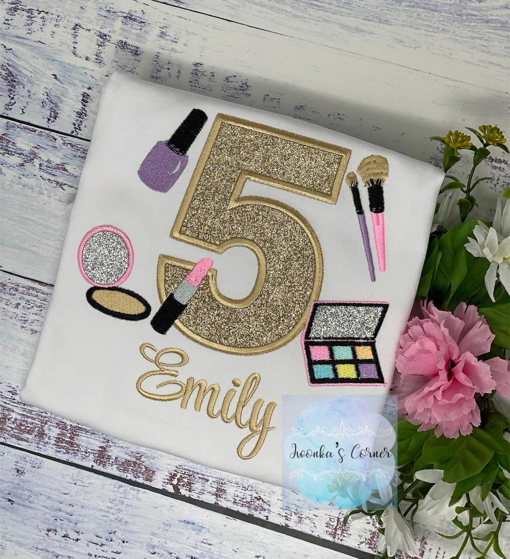 Girl 5th Birthday Shirt with Make up, Salon, Spa Birthday Shirt, Number cosmetics, Lipstick Powder Brush, Make up Birthday Party