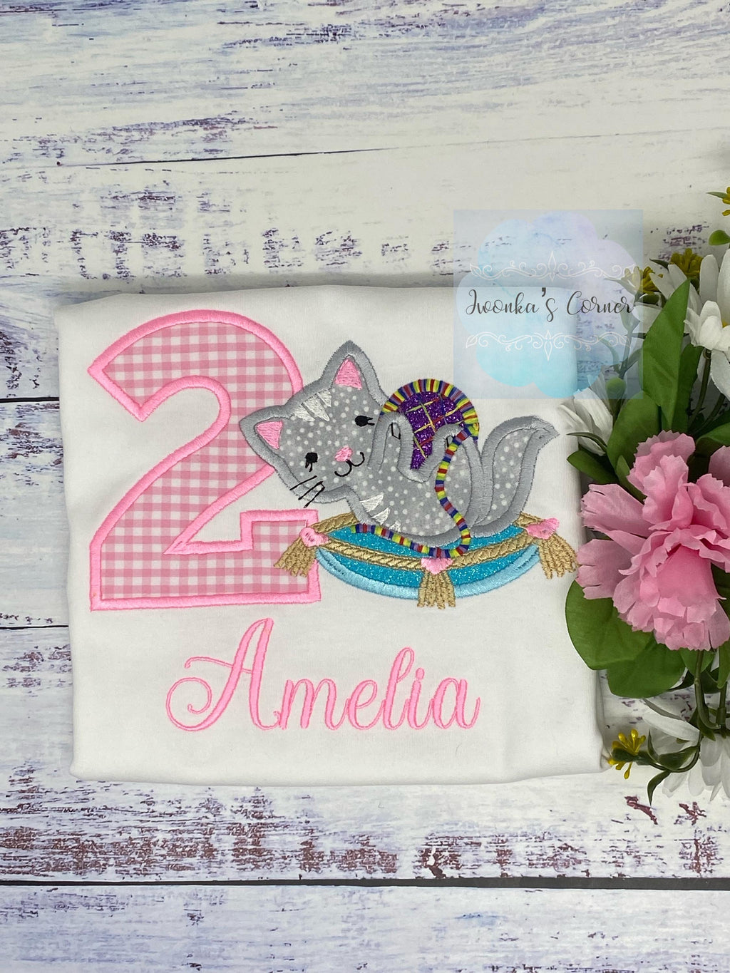 Girl 2nd birthday Personalized Embroidery Shirt, Custom Name, Age, Cat, Magic Carpet Design, Baby Girl Birthday Outfit, T shirt with Kitten