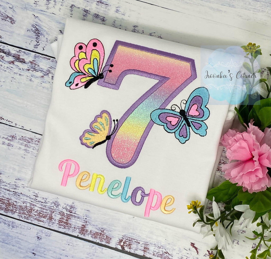 Girl embroidered shirt with pastel butterflies, Butterfly birthday theme party, 7th birthday colorful monarch butterfly embroidery, Neon
