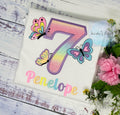 Girl embroidered shirt with pastel butterflies, Butterfly birthday theme party, 7th birthday colorful monarch butterfly embroidery, Neon