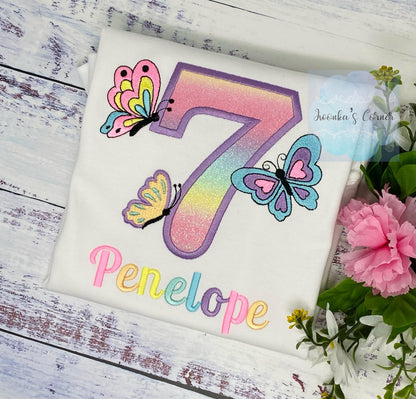 Girl embroidered shirt with pastel butterflies, Butterfly birthday theme party, 7th birthday colorful monarch butterfly embroidery, Neon