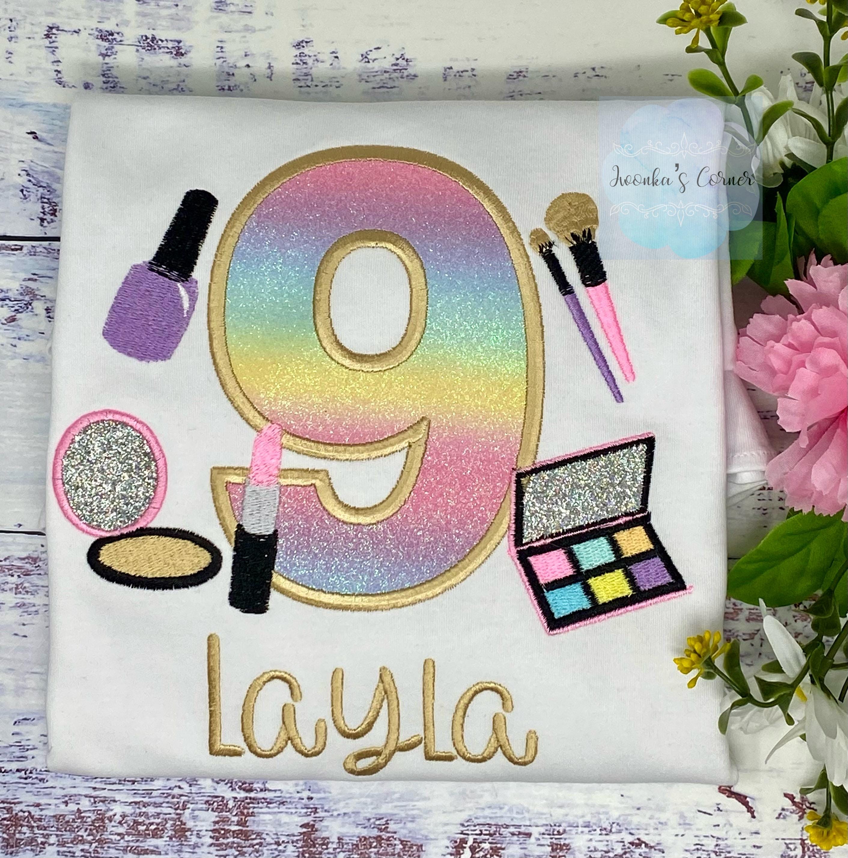 Girl Birthday Shirt with Make up, Salon, Spa Birthday Shirt, Number cosmetics, Lipstick Powder Brush, Make up Birthday Party