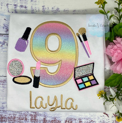 Girl Birthday Shirt with Make up, Salon, Spa Birthday Shirt, Number cosmetics, Lipstick Powder Brush, Make up Birthday Party