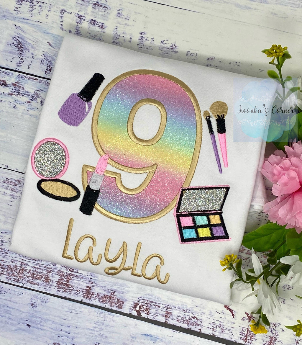 Girl Birthday Shirt with Make up, Salon, Spa Birthday Shirt, Number cosmetics, Lipstick Powder Brush, Make up Birthday Party