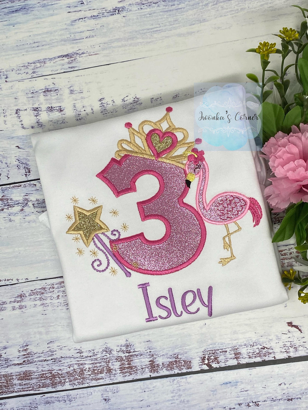 Girl 3rd Princesses and Pink Glitter Flamingo birthday shirt, Princes Tiara Birthday Number, Flamingo Shirt