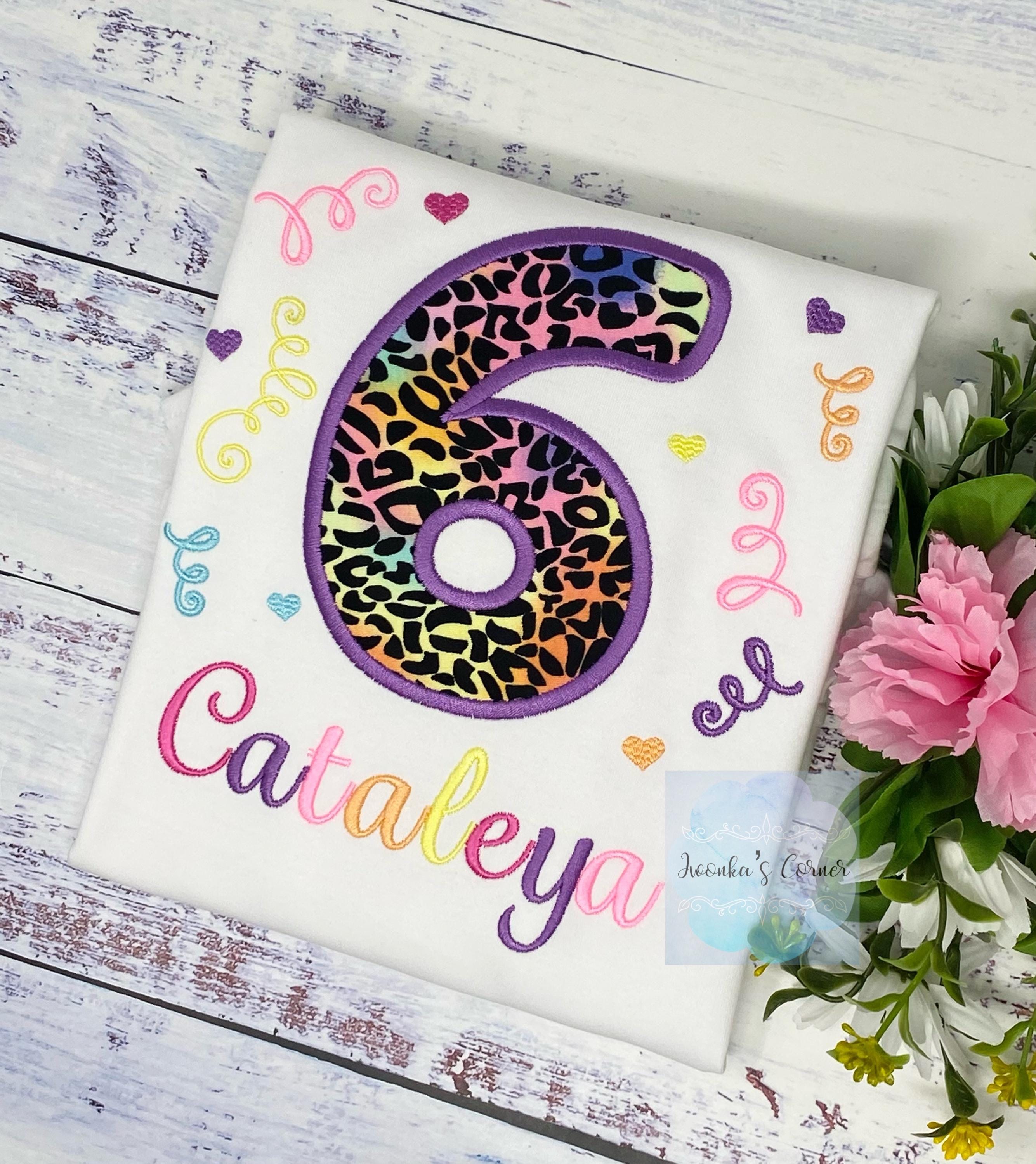 Girl 6th birthday shirt with cheetah print and number, Rainbow Cheetah embroidery, Leopard print shirt, Made for any age, Pastel Cheetah,