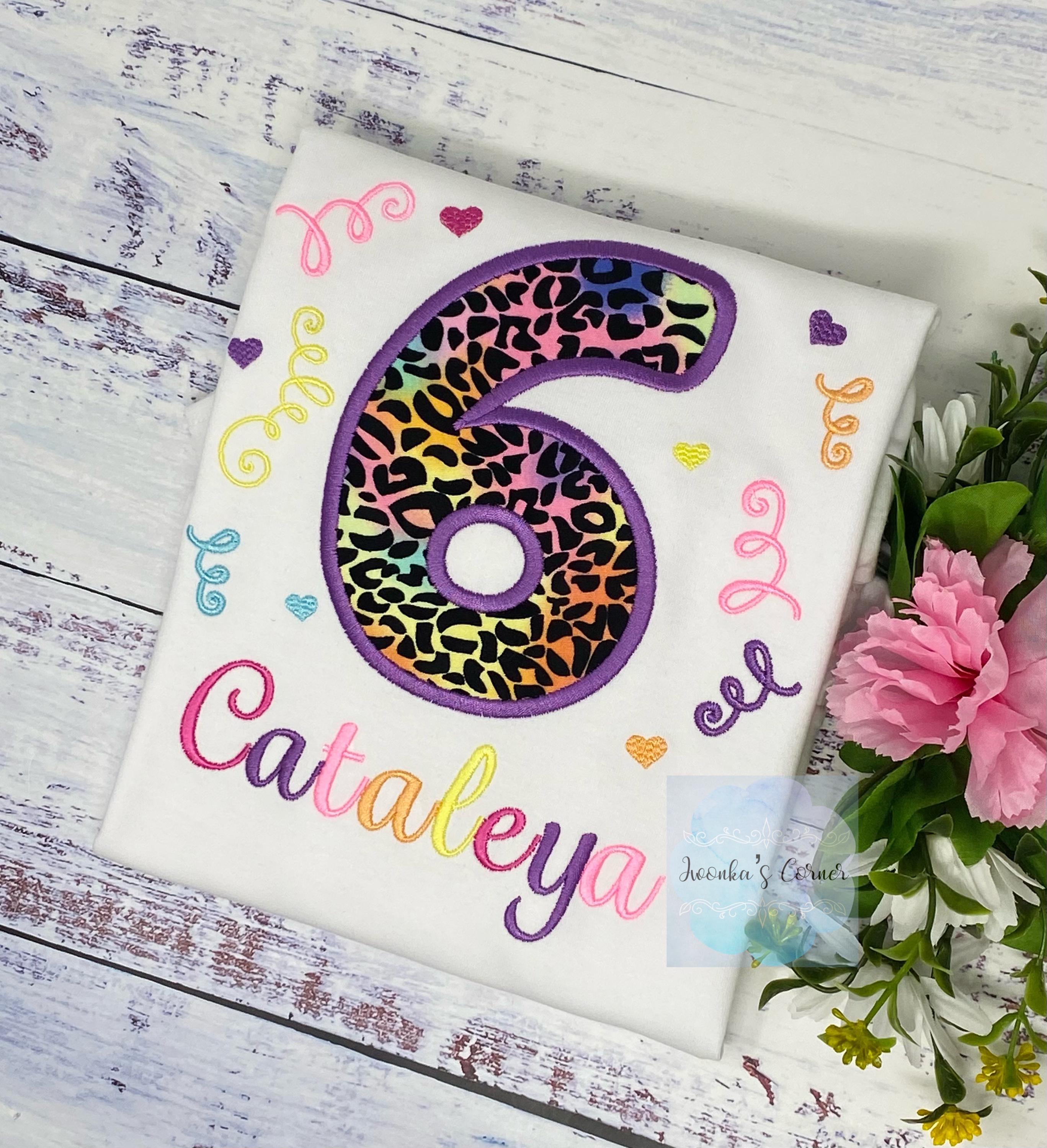 Girl 6th birthday shirt with cheetah print and number, Rainbow Cheetah embroidery, Leopard print shirt, Made for any age, Pastel Cheetah,