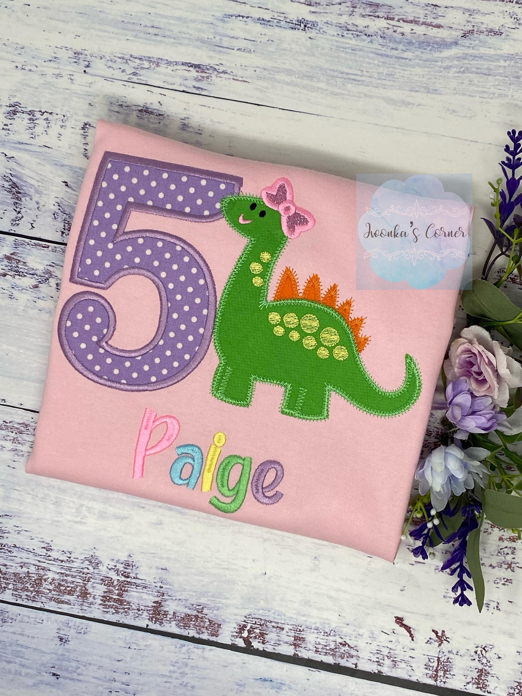 Girl 5th Birthday Brachiosaurusembroidery shirt, Dinosaur themed shirt, Green dinosaur Pink Bow Tee, Polka Dots Number Embroidery, Any age