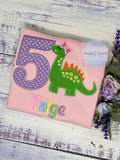Girl 5th Birthday Brachiosaurusembroidery shirt, Dinosaur themed shirt, Green dinosaur Pink Bow Tee, Polka Dots Number Embroidery, Any age
