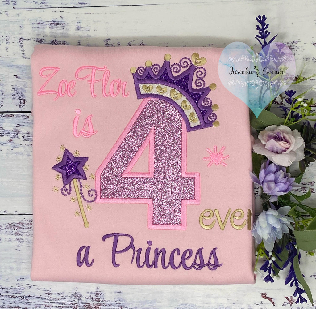 Girl 4th birthday shirt with princess Purple Gold Tiara Heart number, Royal Crown, Pink Number Applique, Magic Wand, 4-ever a Princesse